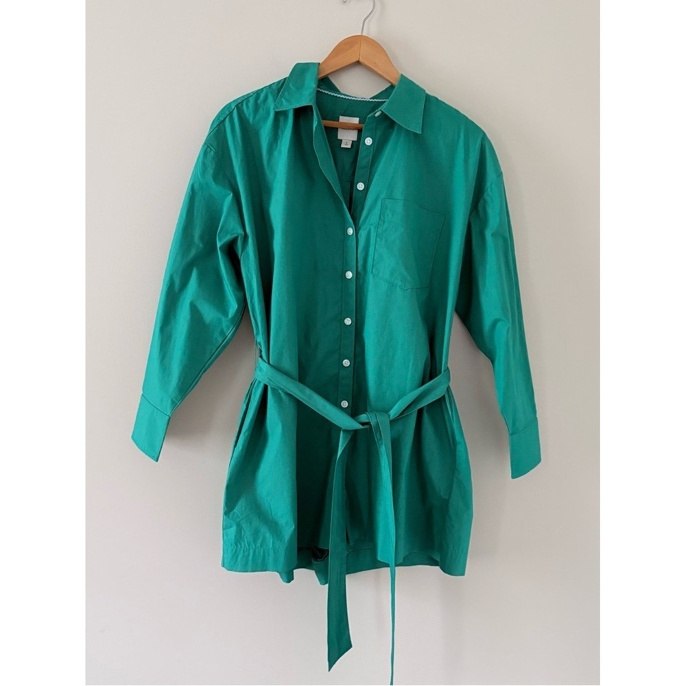 Maeve Anthropologie Romper Bennet Small Green Button Down Belted Cotton Poplin